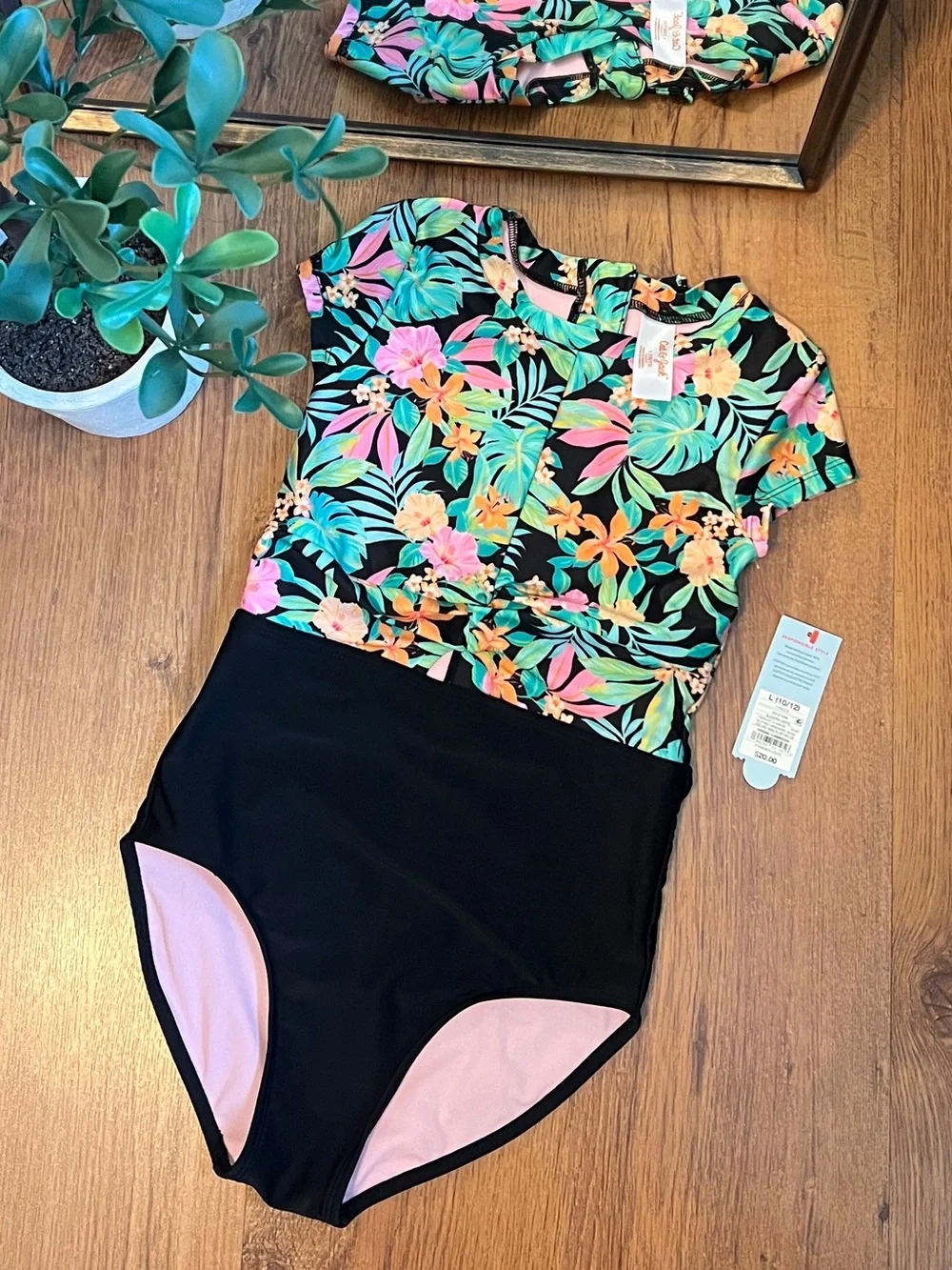 Kids One-Piece Floral Rash Guard Swimsuit - Black with Tropical Print
